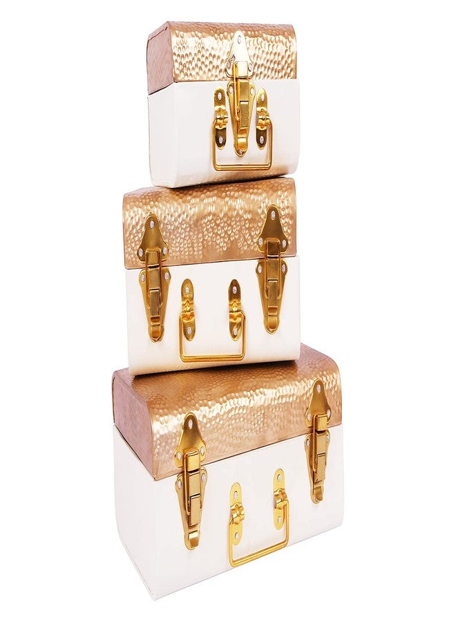 INDIAN ARTISANS Metal Trunk Gift Box Set of 3 - Golden & Ivory Hammered Design - Sizes 30, 25, 20cm - Improved Quality - Bridal Storage, Wedding Hamper, Decorative Jewelry Organizer, Metal Gift Boxes - Image 3